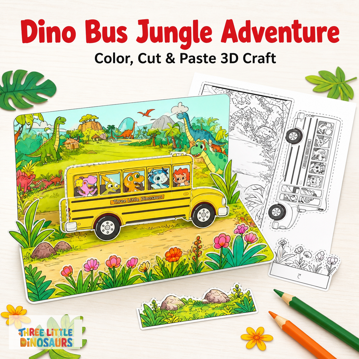 Dino Bus Jungle Adventure 3D Color, Cut & Paste Craft