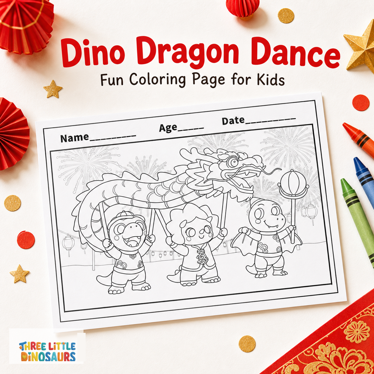 Dino Dragon Dance Chinese New Year Coloring Page