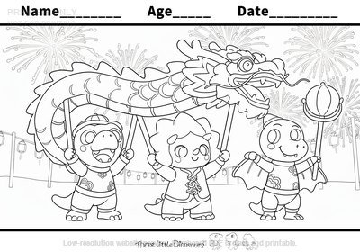 Low-resolution preview of Dino Dragon Dance Chinese New Year Coloring Page