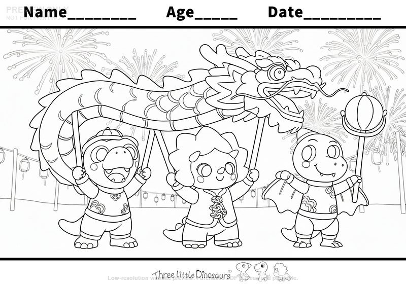 Low-resolution preview of Dino Dragon Dance Chinese New Year Coloring Page