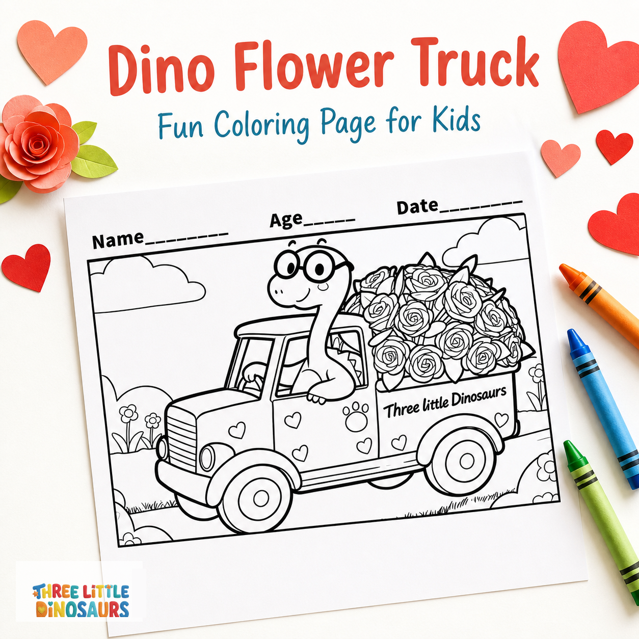 Dino Flower Truck Valentine's Day Coloring Page
