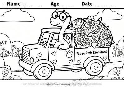 Low-resolution preview of Dino Flower Truck Valentine's Day Coloring Page
