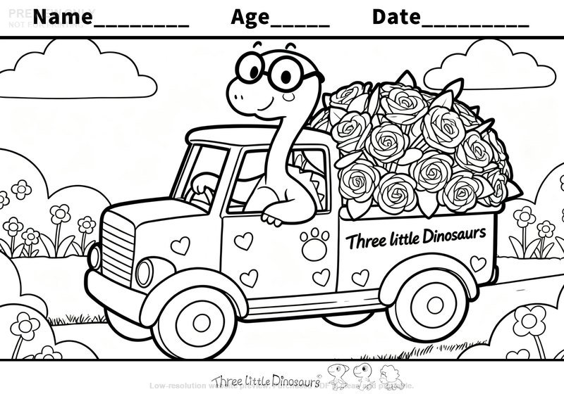 Low-resolution preview of Dino Flower Truck Valentine's Day Coloring Page