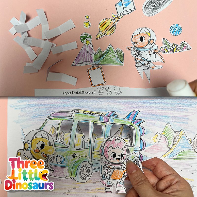 Adding dinosaur astronaut characters to the 3D paper scene