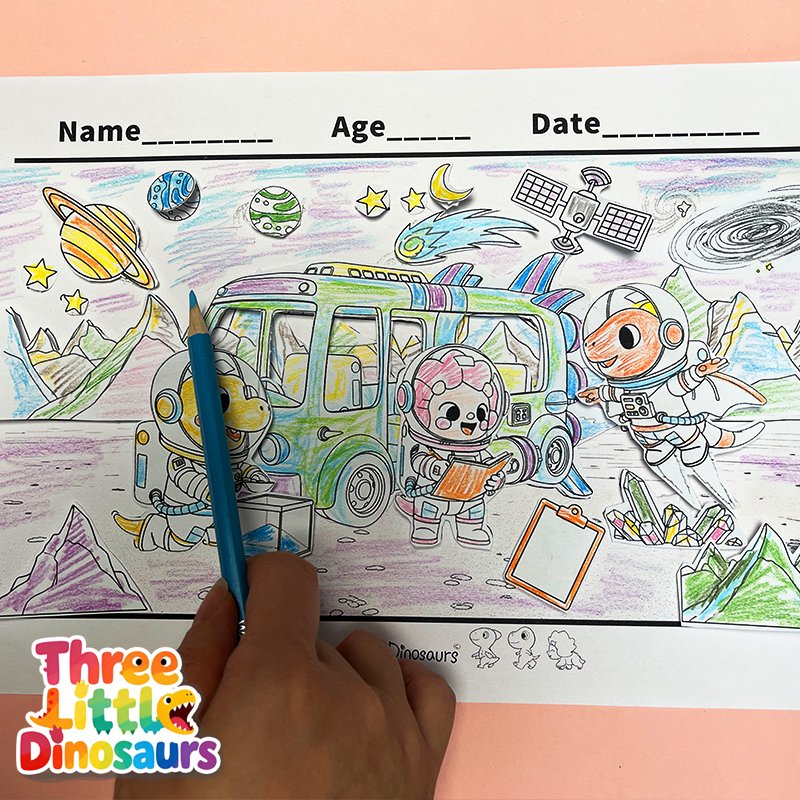 Adding colored-pencil shading to the sky and final details of the dinosaur space scene