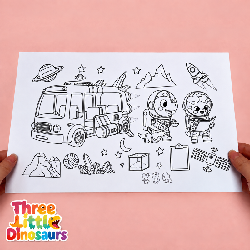 Hands holding an uncolored printable dinosaur space craft page before assembly