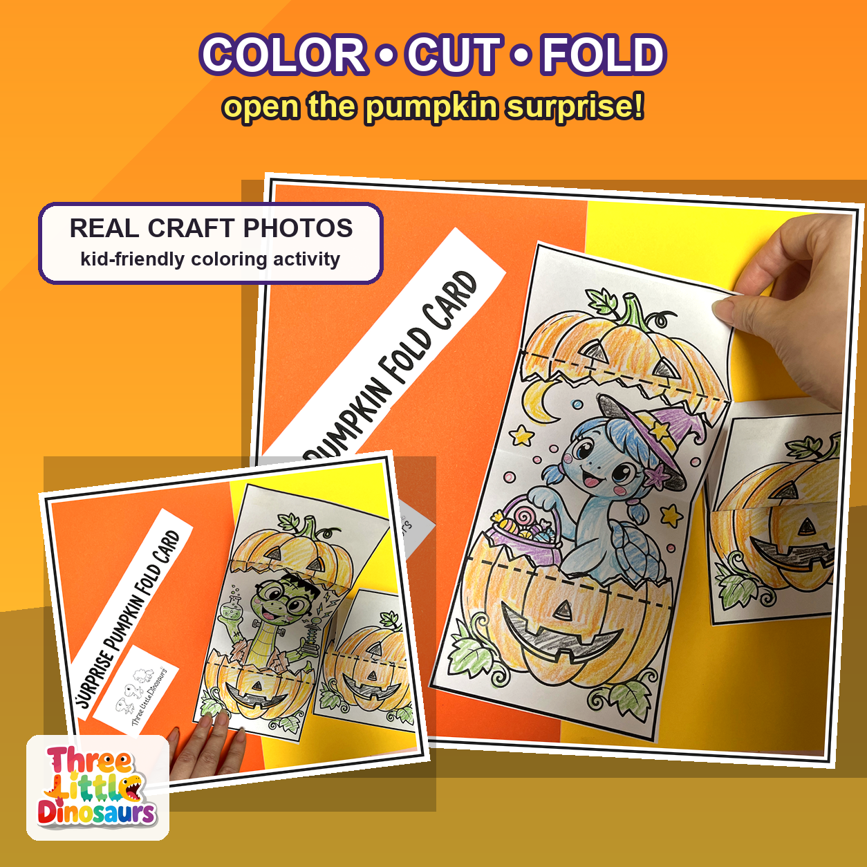 Finished Halloween dinosaur pumpkin fold card craft photo