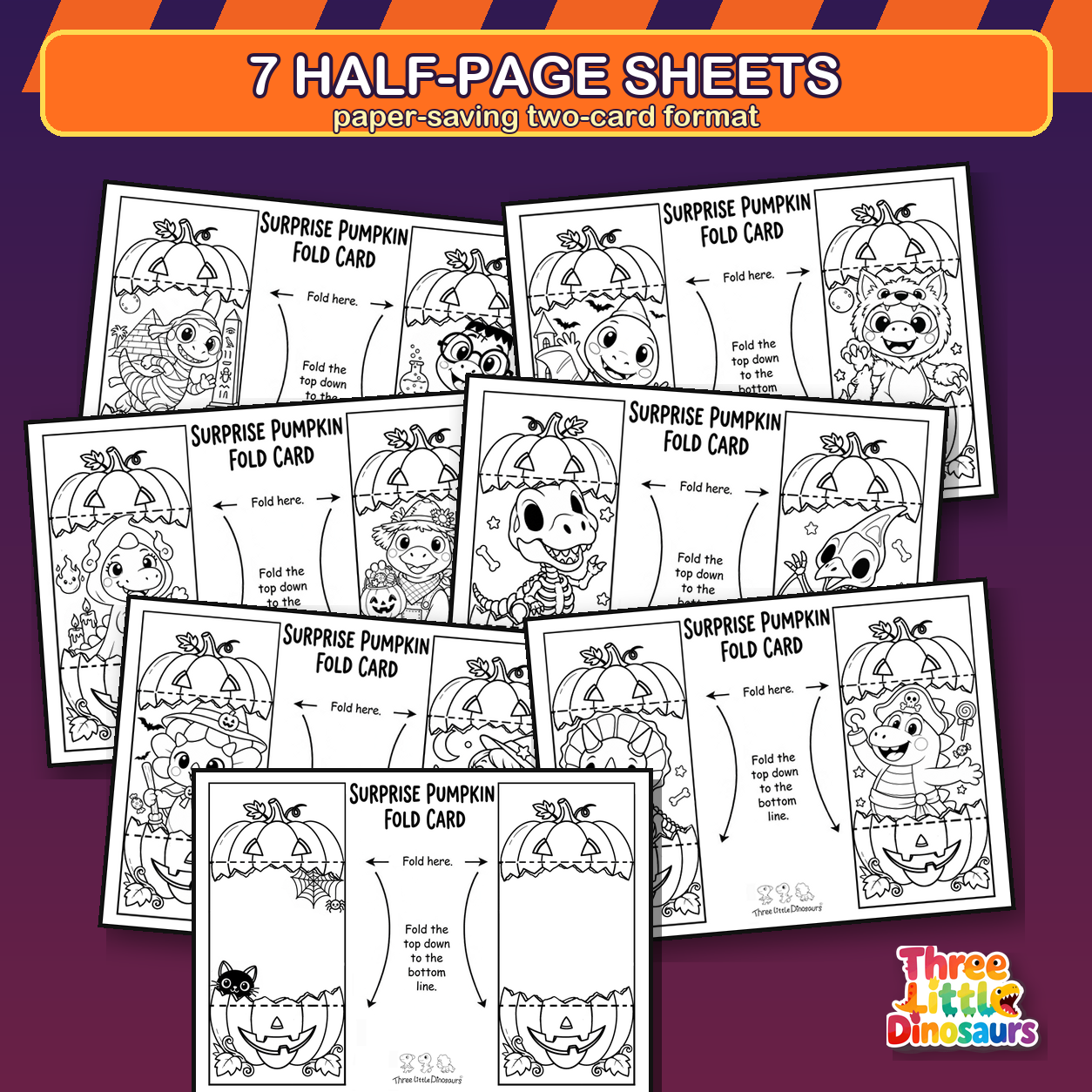 Half-page Halloween dinosaur pumpkin fold card sheets