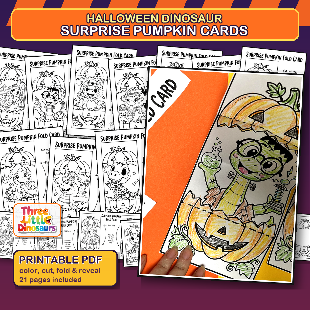 Halloween Dinosaur Surprise Coloring Pages - Pop Up Pumpkin Fold Cards