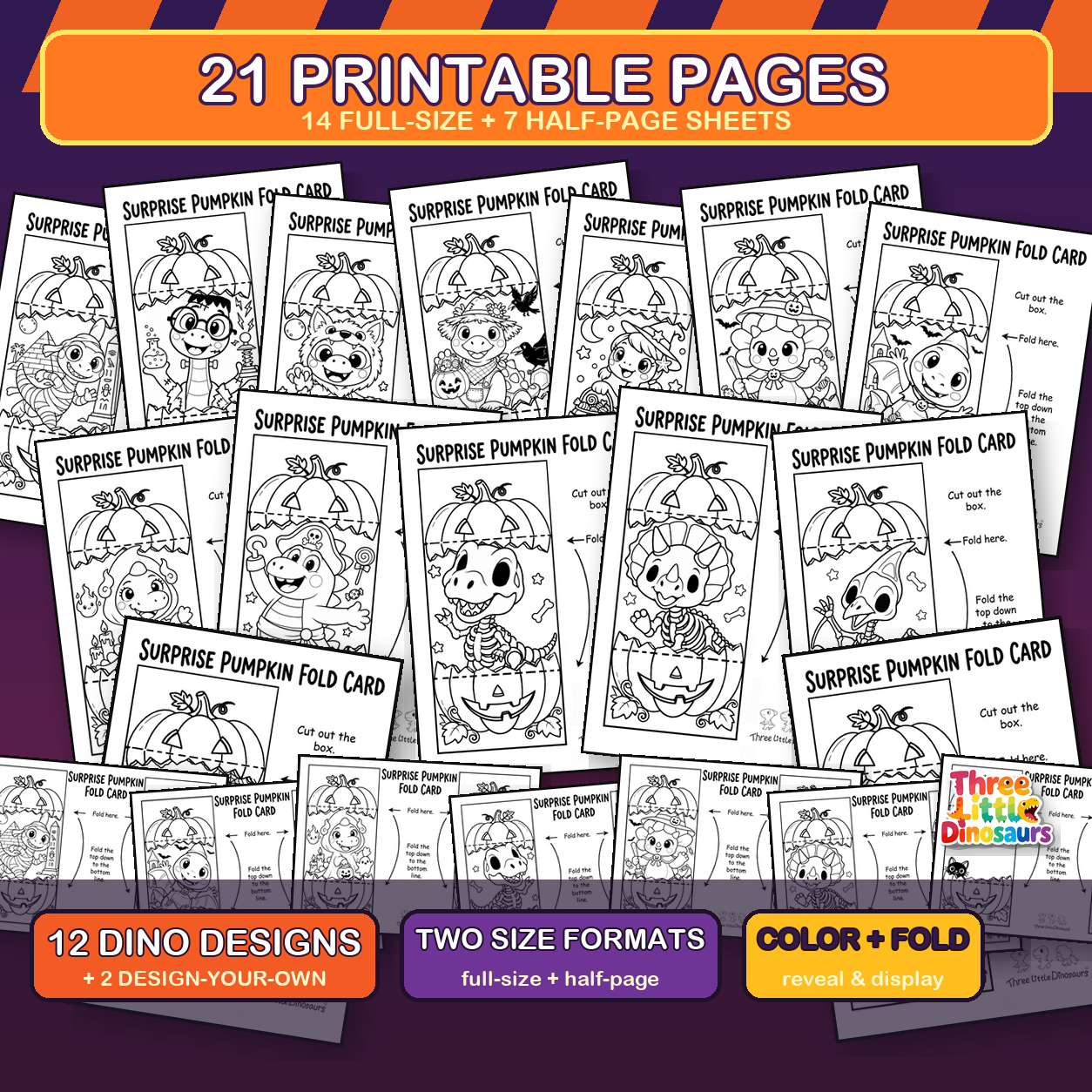 21 printable Halloween dinosaur pumpkin fold card pages overview
