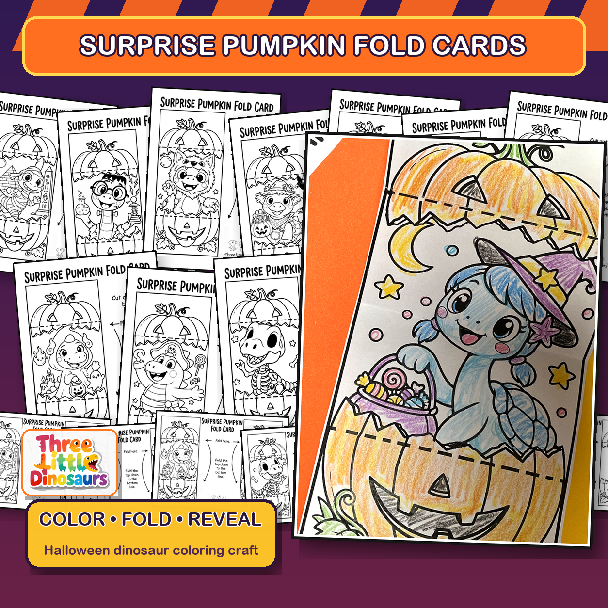 Real craft photo of a Halloween dinosaur surprise pumpkin fold card