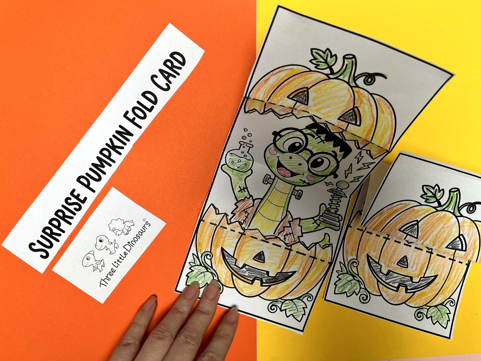 Finished colored Frankenstein dinosaur pumpkin fold card craft