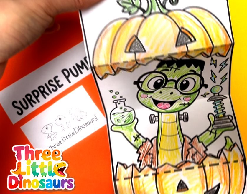 Leonardo Frankenstein dinosaur pumpkin fold card opened to reveal the character