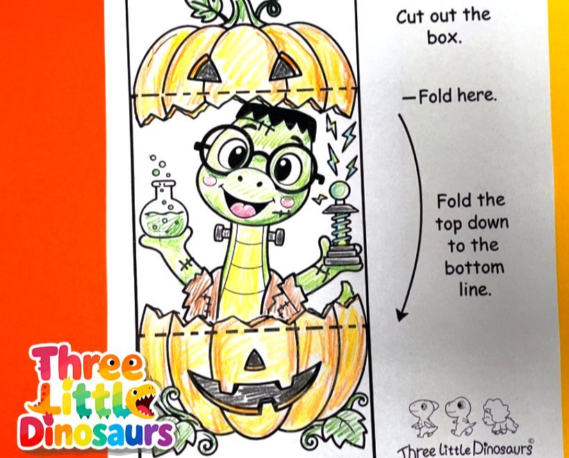 Digital preview of the open Frankenstein dinosaur pumpkin card
